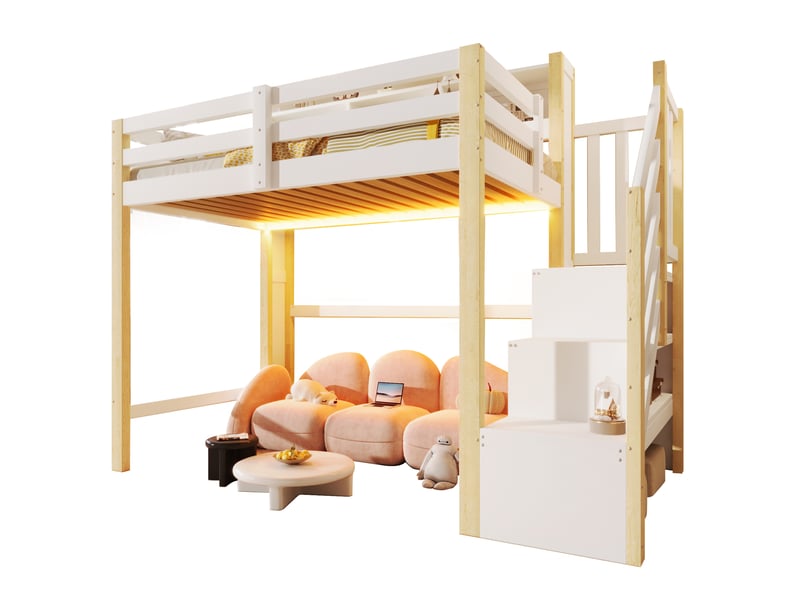  Lit mezzanine modenvie 90 x 200 cm avec led, escalier de rangement, espace ouvert, blanc et bois naturel  - Conforama A