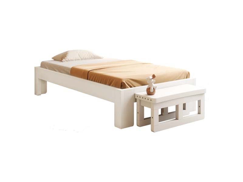  Lit enfant transformable 90x200 cm, lit bas ou surélevé avec barrières, banc de pied et sommier à lattes, pin et mdf, blanc OPULERANE TRADING LTD - Conforama E