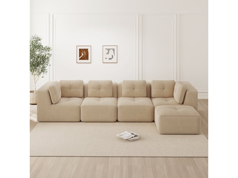  Canapé modulable 4 places 386x177x69 cm, sans structure, assise moelleus, assise profonde 74 cm, tissu en velours côtelé, beige  - Conforama B