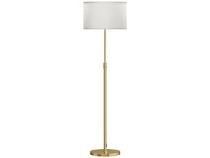 Lampadaire réglable en hauteur, métal doré, abat-jour tissu, télécommande, variateur et interrupteur au pied
