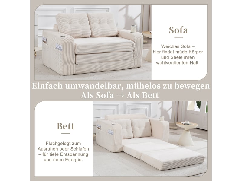  Canapé modulaire 2 places avec porte-gobelets et poches latérales sans cadre en velours côtelé beige 136 × 80 × 82,5 cm  - Conforama E