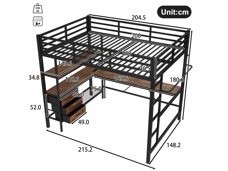  Lit mezzanine noir 140 × 200 cm, bureau, led, usb, 3 tiroirs et étagères  - Conforama C