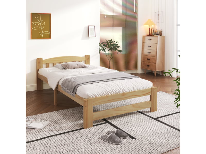  90x200 cm lit enfant capitonné avec tête de lit, lit simple en bois massif avec sommier à lattes, lit simple, couleur naturelle  - Conforama C