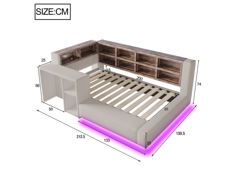  Lit, 90x200 cm, doté d’un espace de rangement, led, prises intégrées, table d'appoint, matelas non inclus, coloris gris  - Conforama C