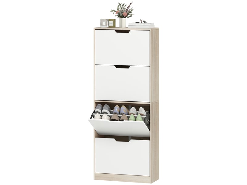  Meuble à chaussures fin et peu encombrant avec 4 tiroirs pour 20 paires de chaussures, 62,5 x 26 x 156 cm, bois et blanc  - Conforama B