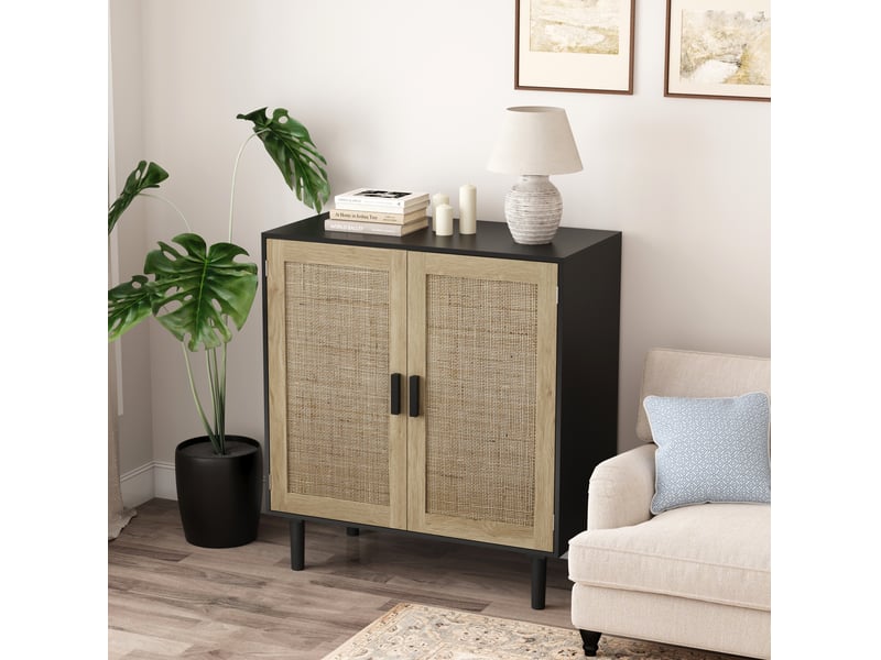 Meuble de rangement à 2 portes 80x40x88 cm, portes magnétiques en mdf et rotin noir - Conforama B