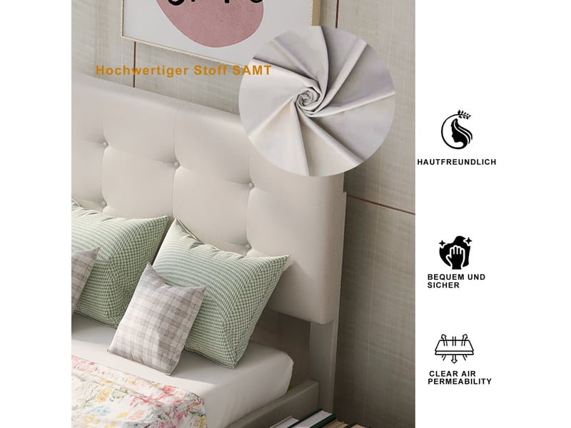  Lit simple 90x200 cm,tête de lit réglable,2 tiroirs à roulettes,revêtement velours beige clair,sommier à lattes pour chambre enfant  - Conforama E