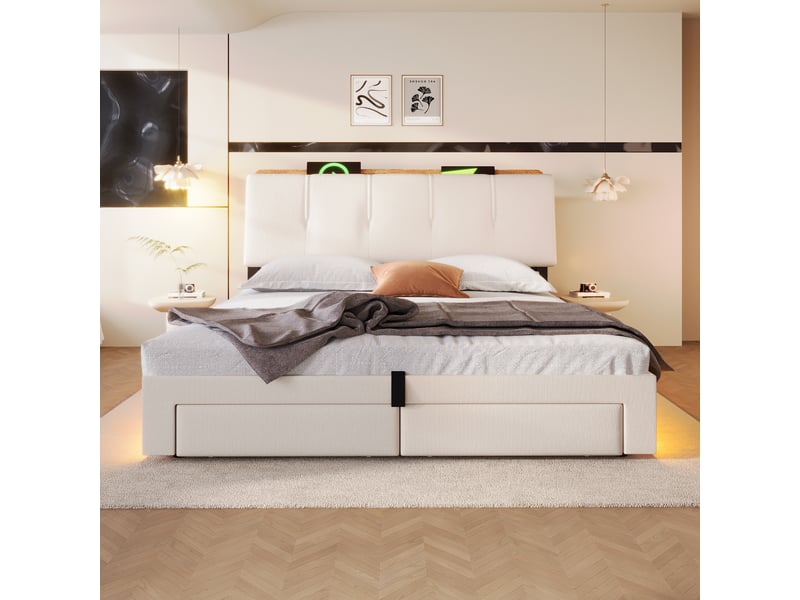 Lit coffre 140x200 cm, lit double, rangement hydraulique, led, lin beige, usb et usb-c - Conforama R