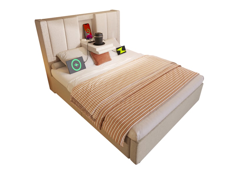 Lit coffre adulte 90x200 cm – beige – matelas inclus, rangement hydraulique, charge usb-c et porte-gobelet - Conforama A