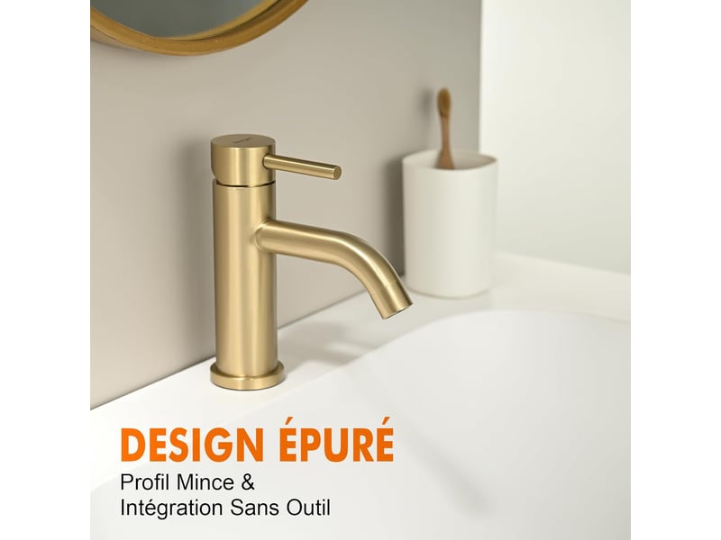  Mitigeur de lavabo - robinet de salle de bains monocommande, robinet à tiroir en céramique à faible bruit, corps en acier ioxydable, or  - Conforama C