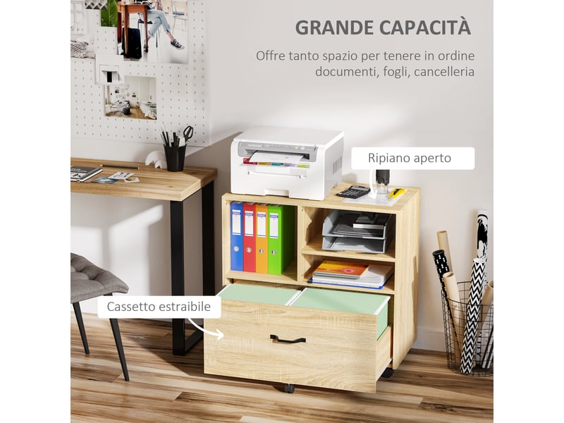  Meuble de bureau multifonctionnel en bois, meuble pour imprimante avec 5 roulettes, tiroir et étagère réglable, 77 x 40 x 73 cm, bois  - Conforama E
