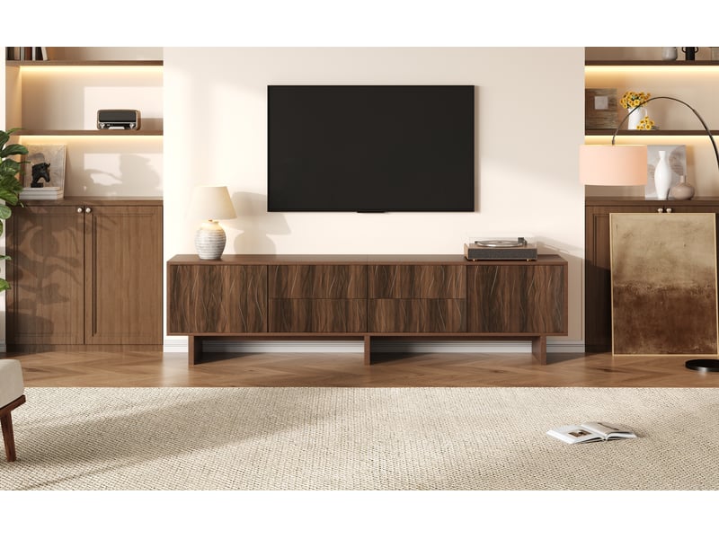 Meuble tv 180 cm effet noyer foncé, mdf et rotin, 5 rangements, écran jusqu’à 80 pouces - Conforama C