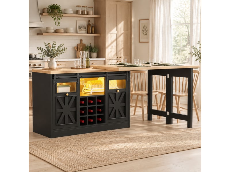  Buffet et enfilade avec 2 portes, led rgb et table extensible pivotante pour cuisine moderne, noir 120 × 40 × 72 cm  - Conforama B