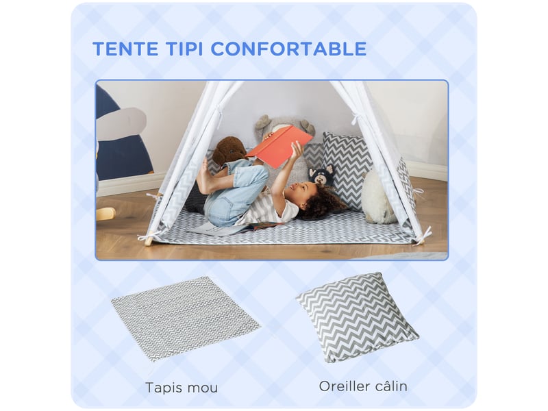 Tente teepee indien tente de jeu pour enfant style graphique - dim. 1,2l x 1,2i x 1,55h m - à l'intérieur à l'extérieur gris blanc - porte refermable fenêtre tapis coussin sac transport inclus  - Conforama R