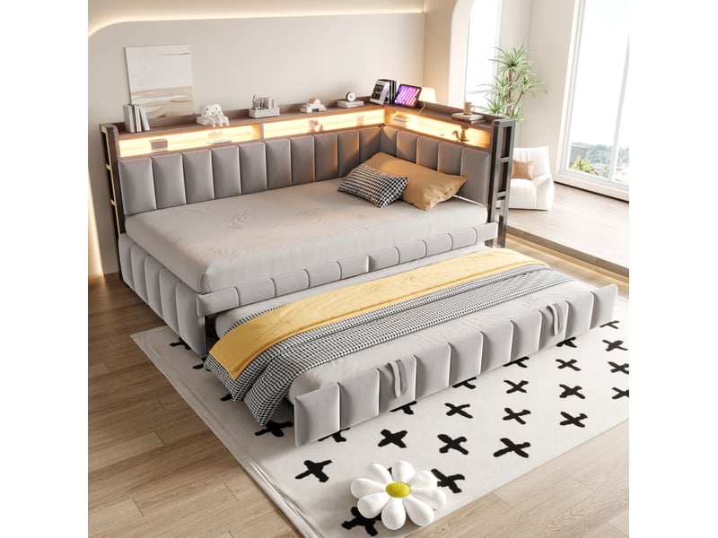 Lit gigogne 90x200 cm en velours gris clair avec led et usb - Conforama E
