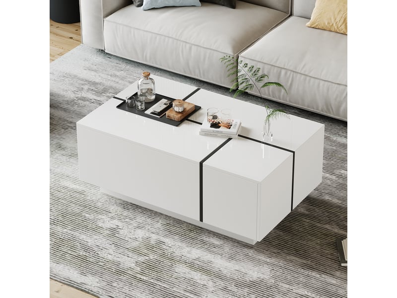  Table basse carrée blanche et noire brillante avec 4 tiroirs, table de salon bicolore 100x60x40 cm, charge 30 kg  - Conforama B