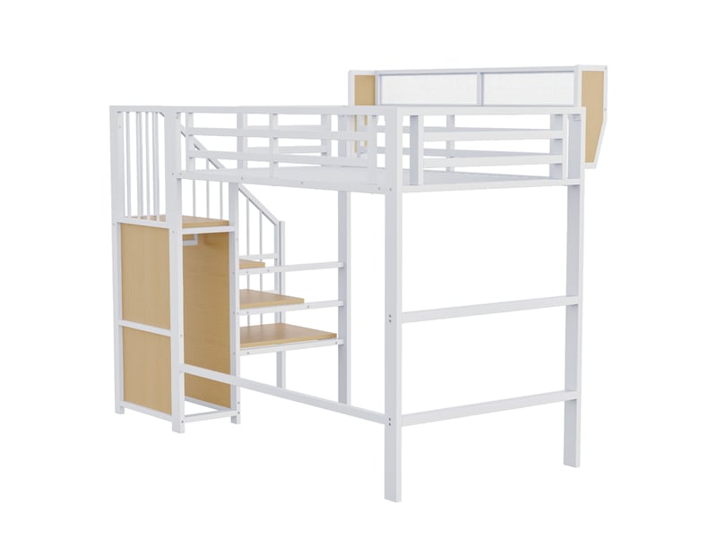  Lit mezzanine 90x200cm, lit enfant avec armoire, table, rangement, échelle et sommier,  métal blanc, sans matelas  - Conforama R