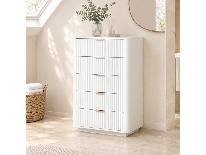  Commode 5 tiroirs à fermeture douce et anti-basculement - lpospi - coins arrondis, poignées métal, mdf blanc  - Conforama B