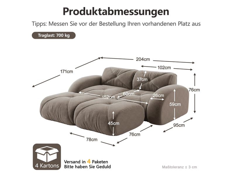  Canapé droit modulaire 2 places taupe en tissu, avec 2 poufs, sans montage, idéal pour le salon familial  - Conforama C