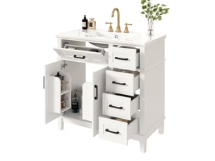 Meuble de salle de bain - 90x46x87 cm - meuble sous vasque sur pied avec vasque en céramique - blanc