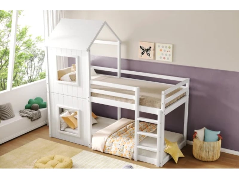 Lit superposé enfant, 90×200 cm, forme maison, avec échelle + baldaquin, bois massif, blanc - Conforama B