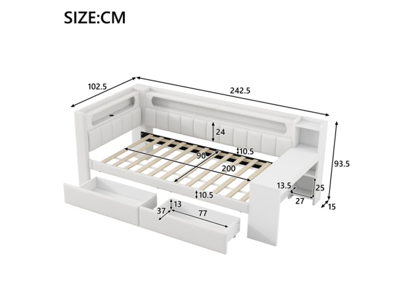  Lit enfant 90x200 cm avec tiroirs, usb et led, bureau et 2 tiroirs, en mdf, sommier à lattes, blanc, sans matelas  - Conforama C