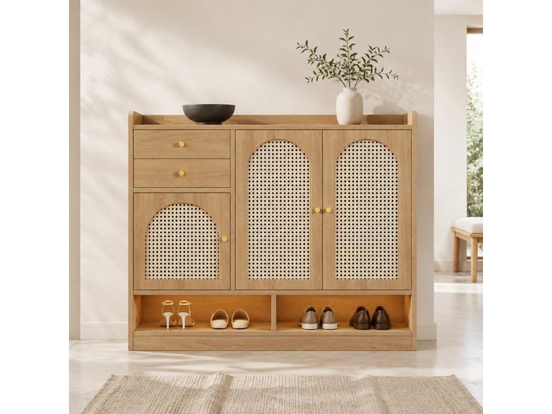 Meuble à chaussures 3 portes 2 tiroirs avec éclairage led - lpospi - étagères réglables mdf effet bois naturel 120×35×100 cm - Conforama B