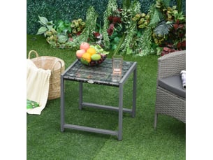 Table d'appoint de jardin 50 x 49,5 x 50 cm grise en résine tressée, verre résistant pour balcon