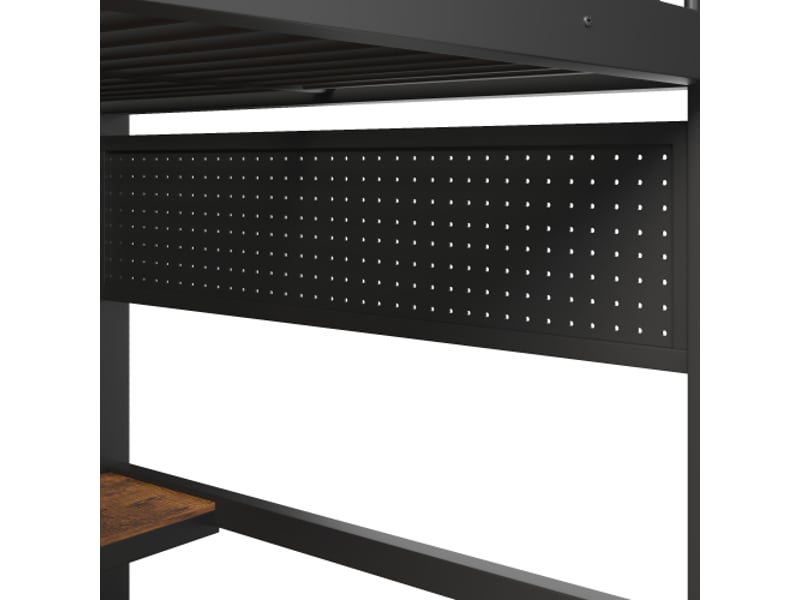  Lit mezzanine 140x200 cm métal noir led, bureau bois, rangements, barre de séchage - sans matelas  - Conforama D