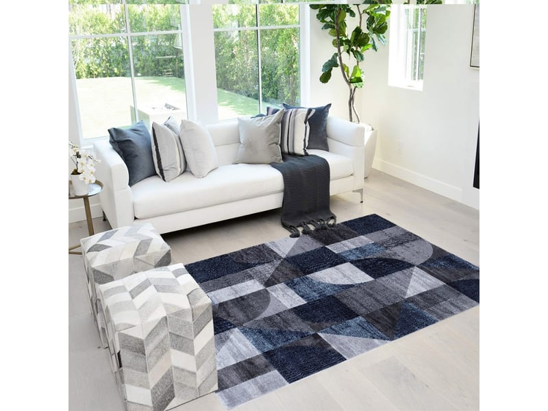 Tapis moderne design géométrique rectangulaire bleu gris double blu005  - Conforama C