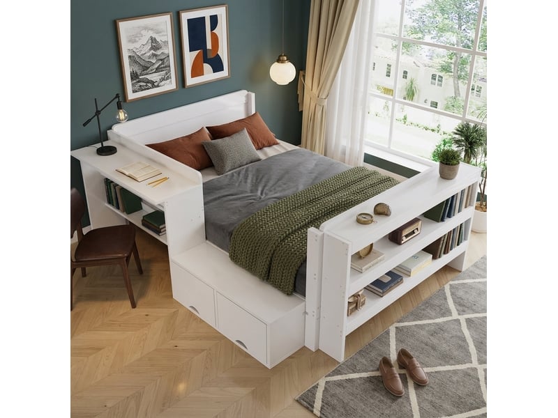  Lit combiné 120x200 cm blanc en bois avec bureau et rangements réversibles, idéal pour chambre ado, sans matelas  - Conforama B