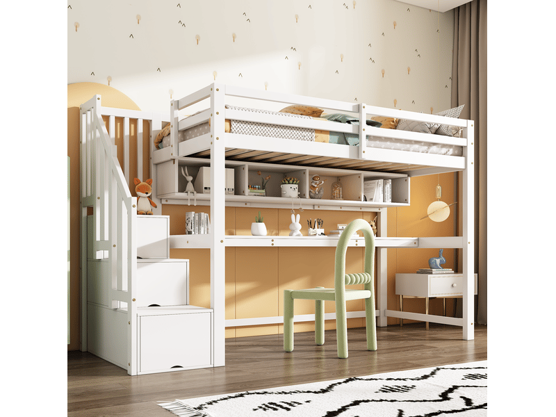  Lit mezzanine enfant 90x200 cm avec escalier de rangement, bureau et étagères blanc  - Conforama B