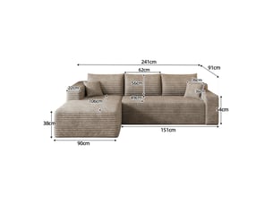 Canapé d’angle 3 places en velours côtelé camel, canapé panoramique 241 cm avec méridienne, assise profonde pour le salon