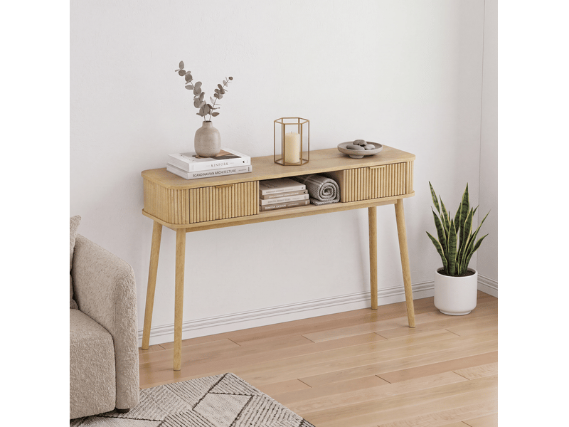 Console tcqpz vintage 120 x 35 x 77,6 cm avec 2 tiroirs et niche ouverte décor chêne  - Conforama B