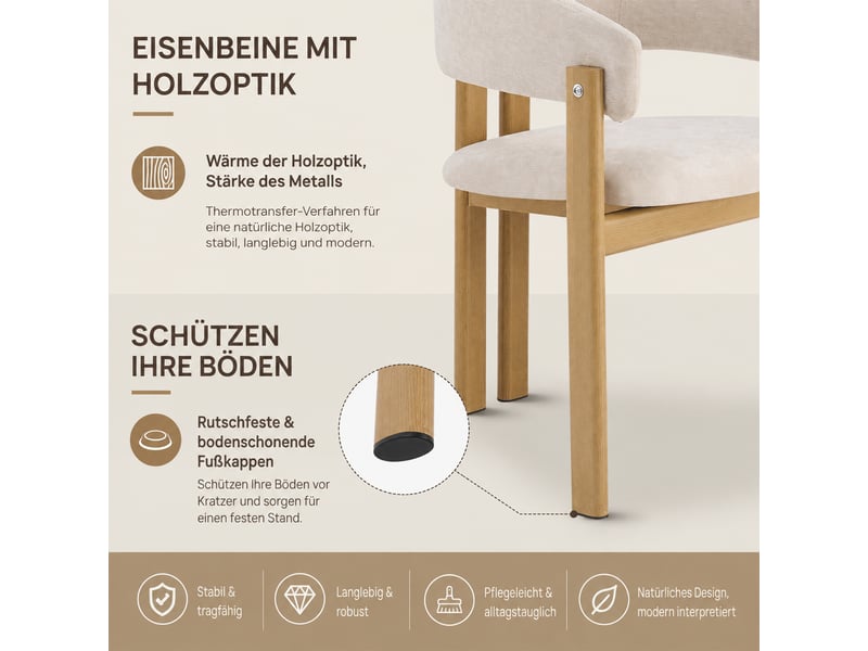  Chaises de salle à manger lot de 4 avec accoudoirs ergonomiques  - pieds métal effet bois, lin beige  - Conforama E