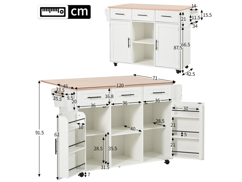 Desserte de cuisine 139x46 cm blanche avec plateau pliant, rangement et roulettes - Conforama C
