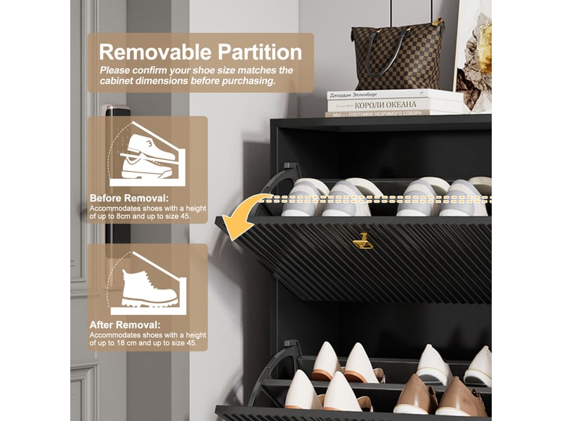  Meuble à chaussures 90 x 25 x 121 cm – 3 tiroir à couvercle rabattable, 1 tiroirs coulissants et 1 porte d'armoire - mdf - noir  - Conforama E