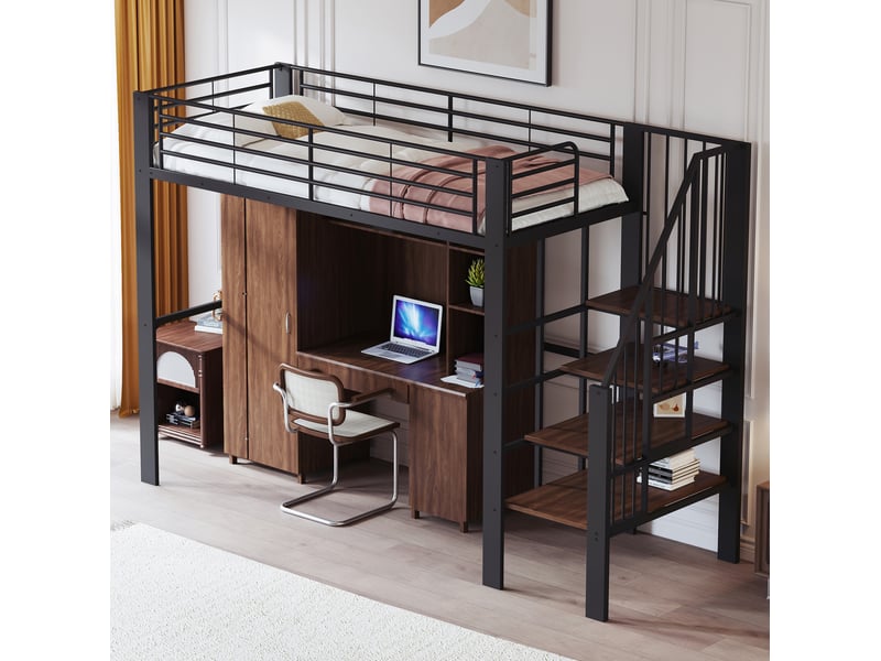  Lit mezzanine 90 x 200 cm en métal noir avec escalier et espace de rangement  - Conforama D