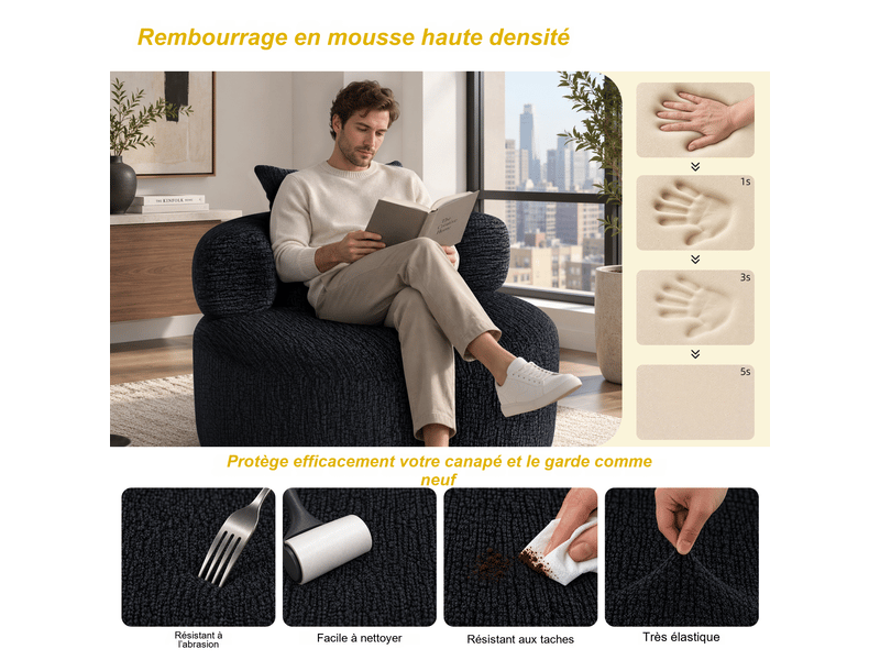 Fauteuil rond fixe 1 place en chenille noire 100 x 100 x 65 cm, mousse haute densité, avec coussin, salon bureau 100X100X65cm - Conforama D