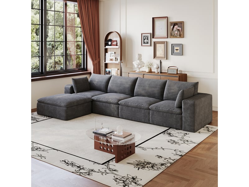  Canapé d'angle 5 places 340x160 cm - mousse haute élasticité - velours côtelé - sans montage - salon - gris foncé  - Conforama R