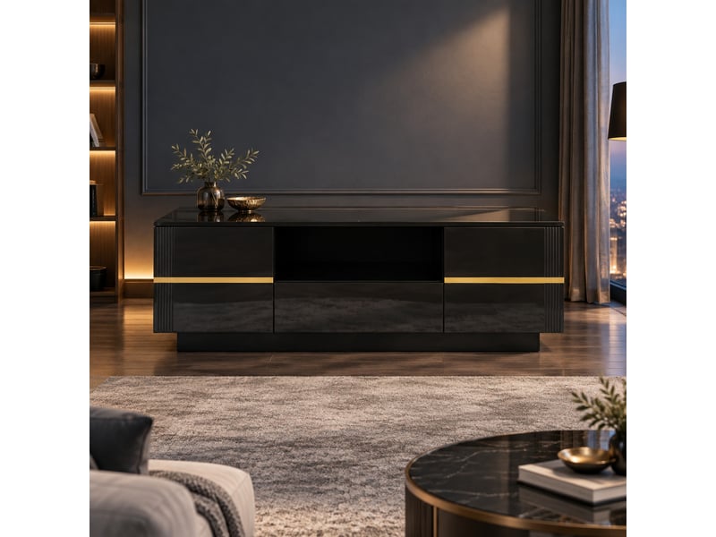  Table basse moderne avec rangement et 2 portes - lpospi - tiroir, niche ouverte, mdf noir et doré, 100 × 50 × 35,5 cm  - Conforama C