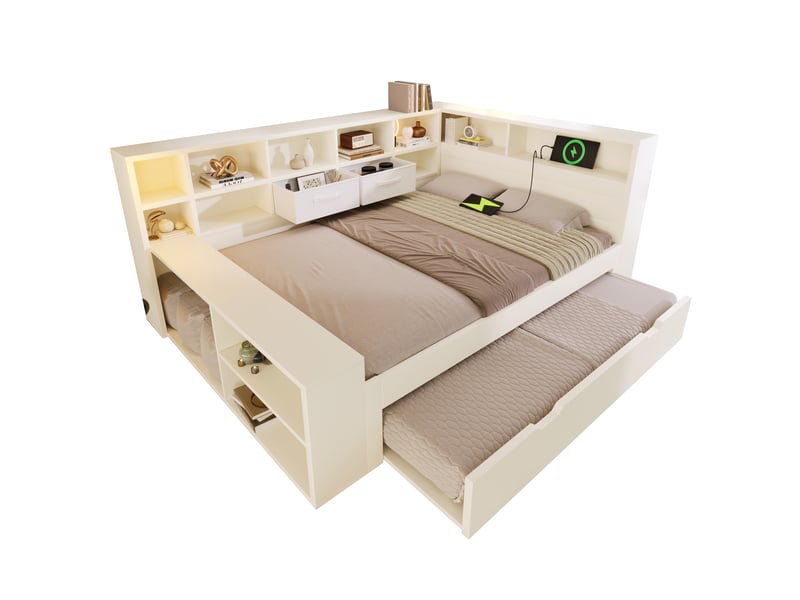  Lit extensible 140x190 cm - avec rangement - en bois - blanc CARDUME ESTIVAL - Conforama A