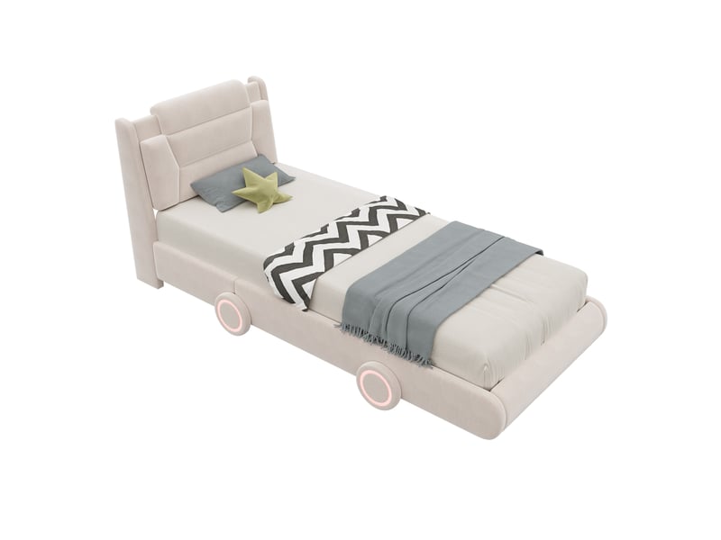  Lit simple enfant voiture 90x200 cm en velours beige crème, tête de lit réglable  - Conforama A
