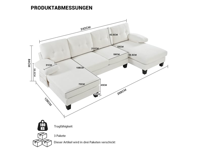  Canapé panoramique en u 4 places en chenille beige avec double méridienne  - Conforama C
