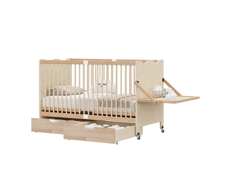  Lit bébé 70 x 140 cm sur roulettes, sommier réglable, 2 tiroirs et tablette à langer, pin massif, naturel C-CRAFTLINK - Conforama E
