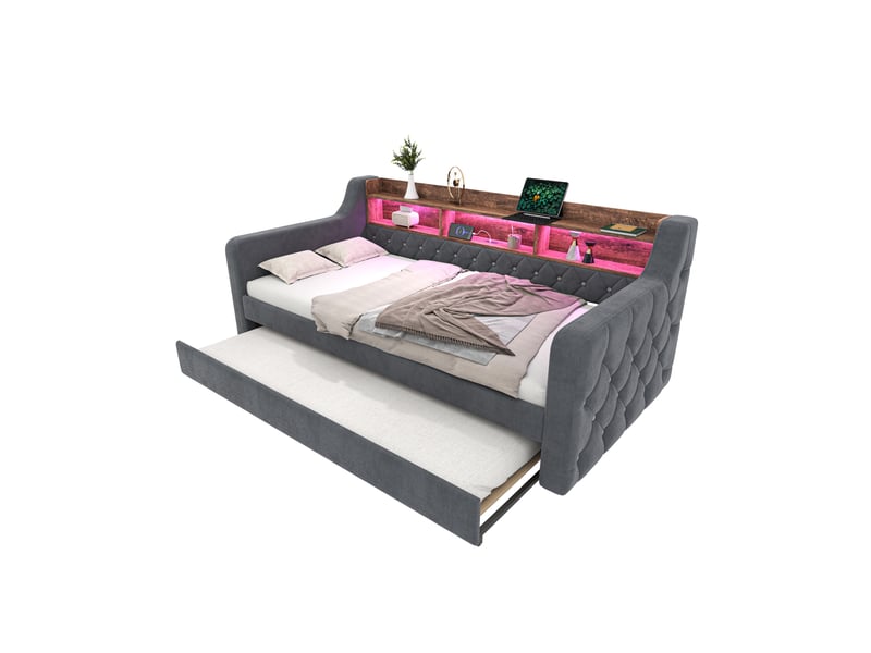  Lit gigogne enfant 90x190 cm, avec led, rangement, port usb-c, gain de place, sommier, velours gris foncé, sans matelas  - Conforama A