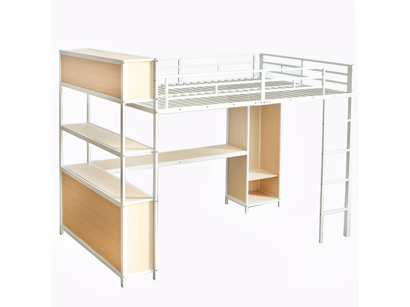  Lit mezzanine en fer, rangement double sous le bureau, lit supérieur avec rangement, avec armoire, fer et panneaux de particules, blanc et naturel, 140 x 200 cm  - Conforama E