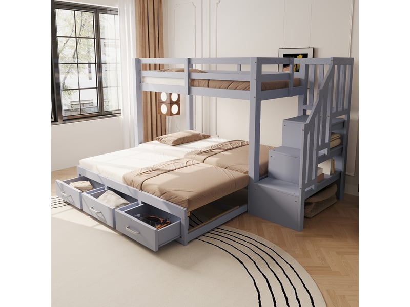 Lit superposé 90x200, lit gigogne extensible 90180x190cm avec escalier de rangement et tiroirs de lit, pour chambre enfant et adolescent, gris - Conforama B