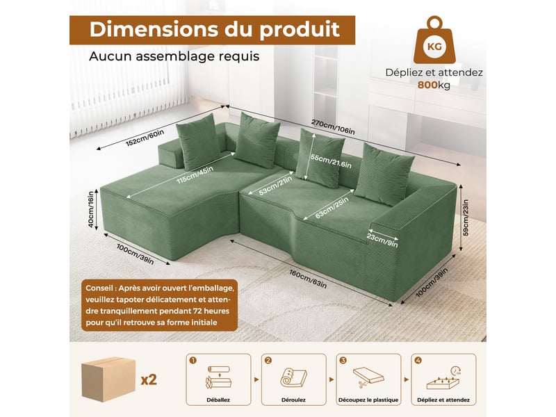 Canapé d'angle gauche modulaire 3 places compressé en velours côtelé,mousse haute densité,sans assemblage,canapé de salon,270x152x59cm,vert 270x152x59CM - Conforama E