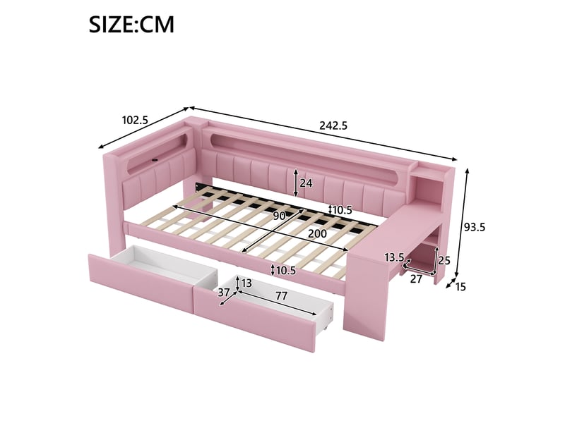  Lit avec rangement 90x200 cm coloris rose led mdf lit enfant rose - Conforama C